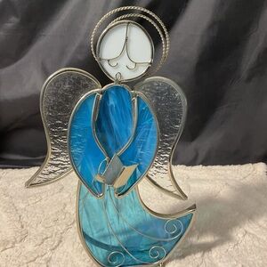 Blue/Silver/white Glass Angel Art Sculpture with Hymn Book on a stand 10x6x2.5